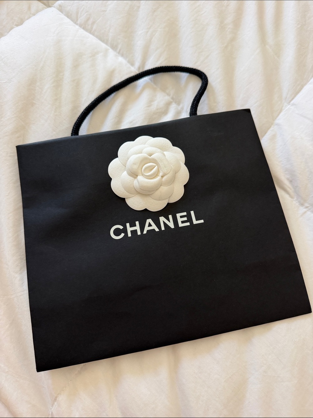 CHANEL Black Shopping Bag with White Camellia